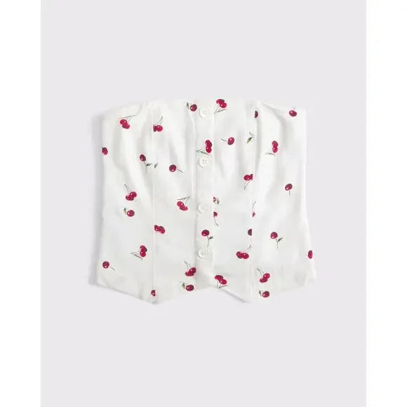NWT Abercrombie & Fitch Strapless Cropped Tailored Vest Top Cherry Print M - Picture 1 of 9